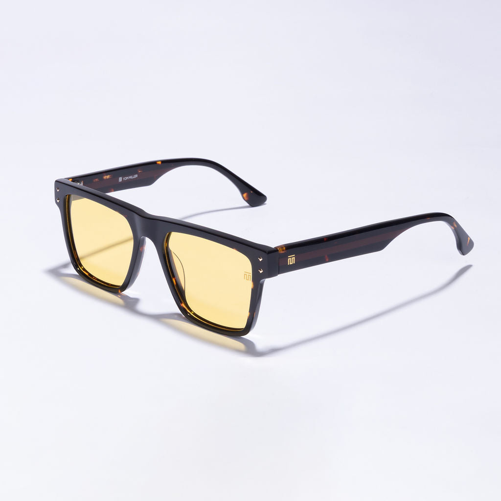 Tom Miller Elite 014 rectangle sunglasses, tortoiseshell frame, yellow lens