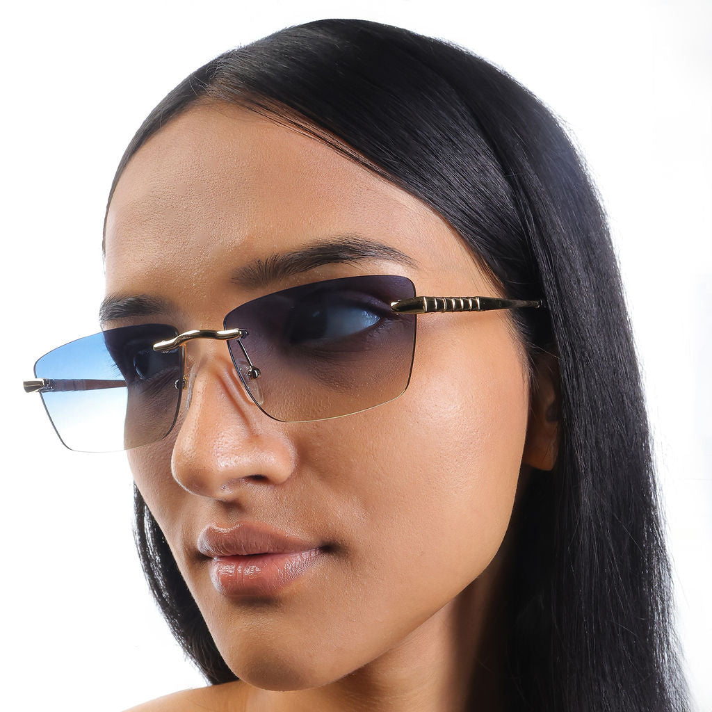 Tom Miller Select 003 rectangle sunglasses, gold frame, blue lens