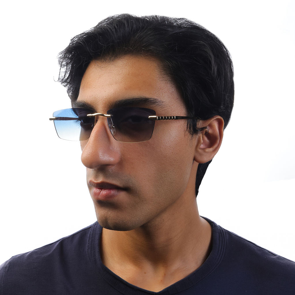 Tom Miller Select 003 rectangle sunglasses, gold frame, blue lens