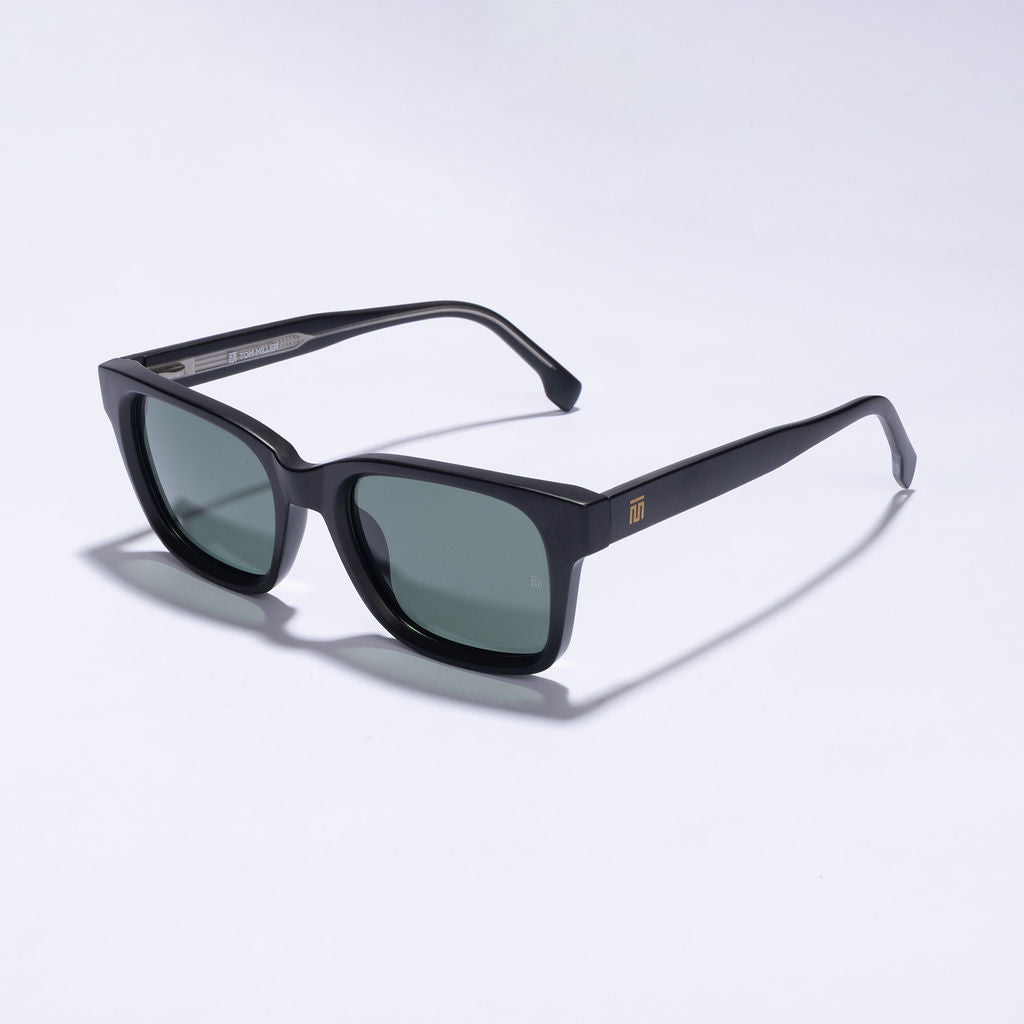 Tom Miller Essential 002 square sunglasses, black frame, green lens #Frame Color_Black / Green Lens