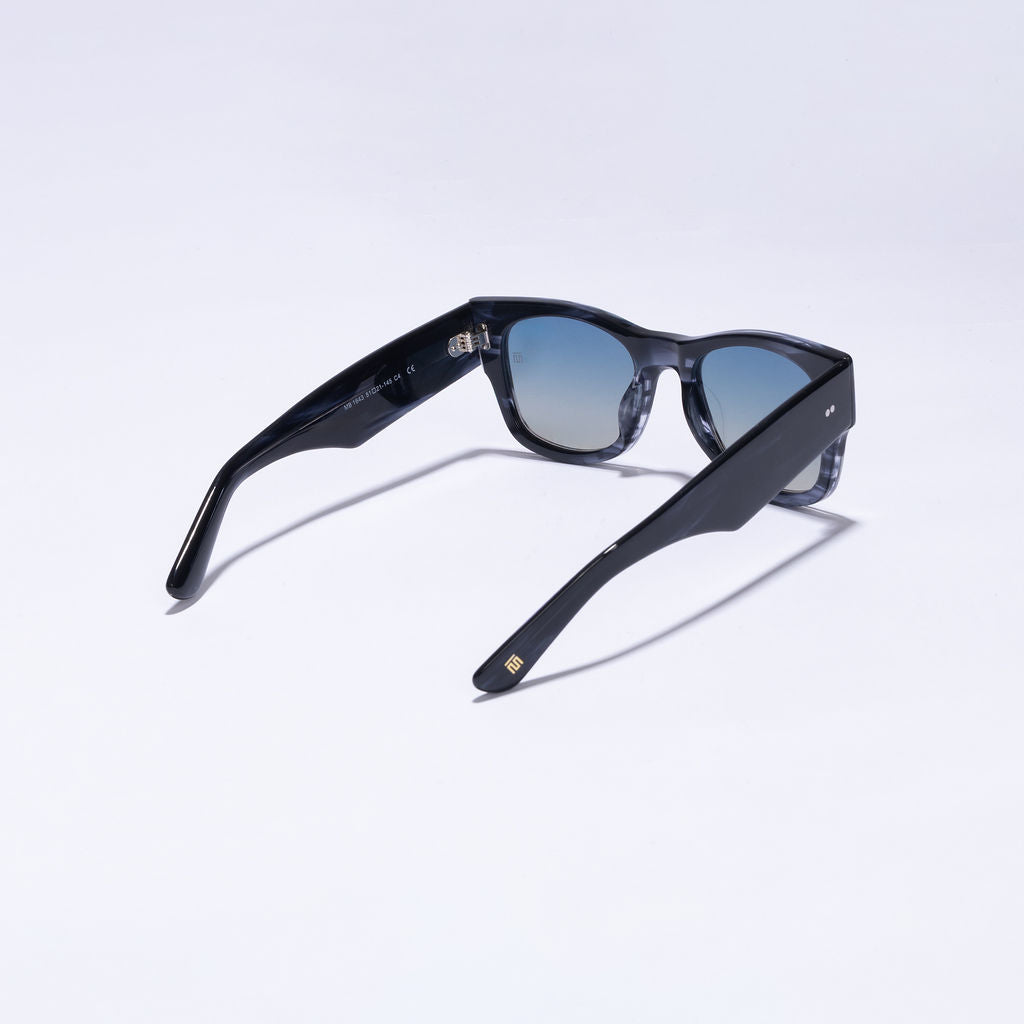 Tom Miller Elite 018 wayfarer sunglasses, black frame, blue lens #Eyewear frame color_Black / Blue