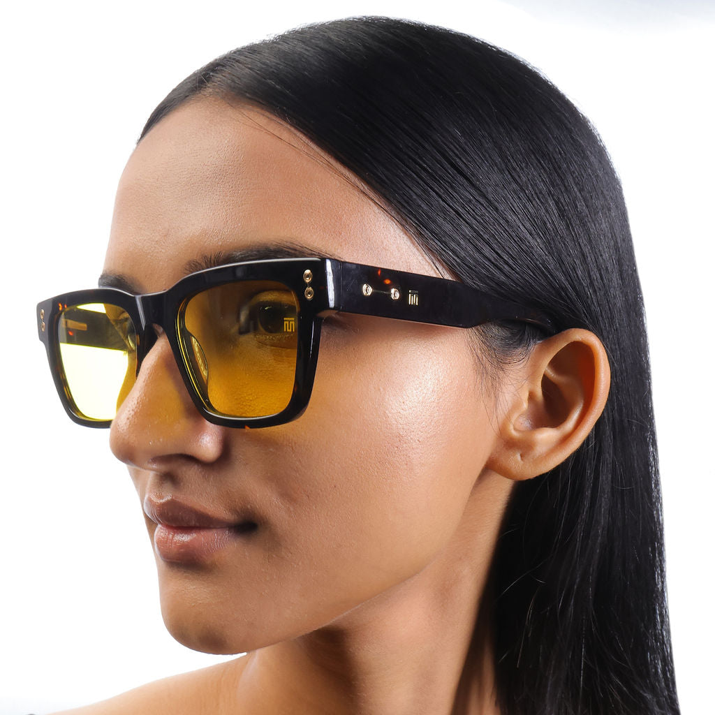Tom Miller Elite 016 rectangle sunglasses, tortoiseshell frame, yellow lens