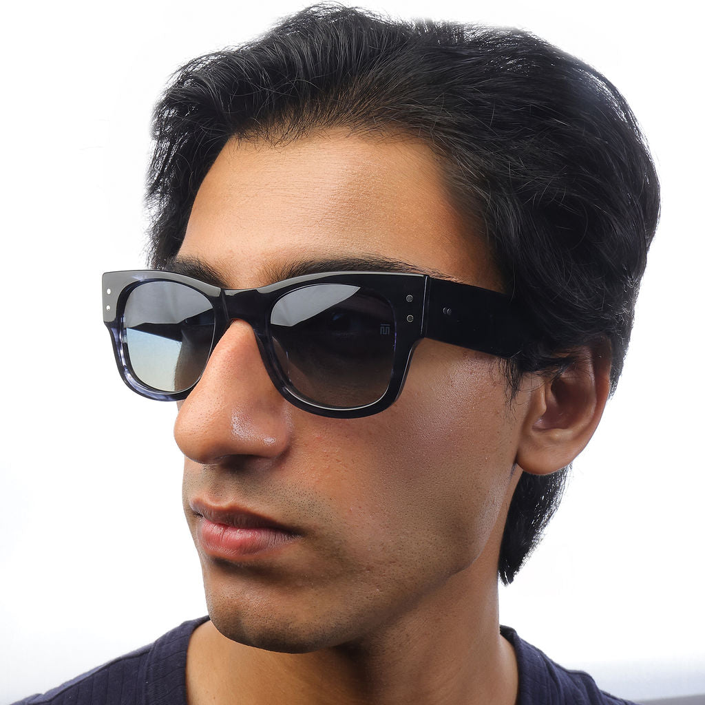 Tom Miller Elite 018 wayfarer sunglasses, black frame, blue lens #Eyewear frame color_Black / Blue
