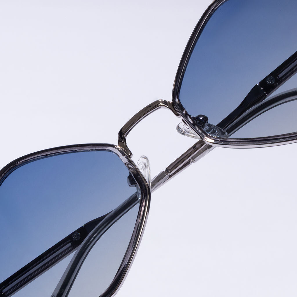 Tom Miller Essential 005 diamond sunglasses, silver frame, blue lens