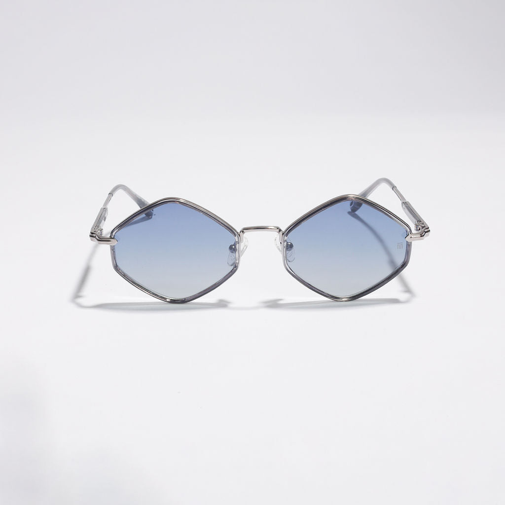 Tom Miller Essential 005 diamond sunglasses, silver frame, blue lens