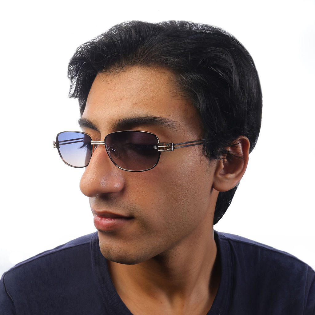 Tom Miller Select 004 rectangle sunglasses, gold frame, blue lens
