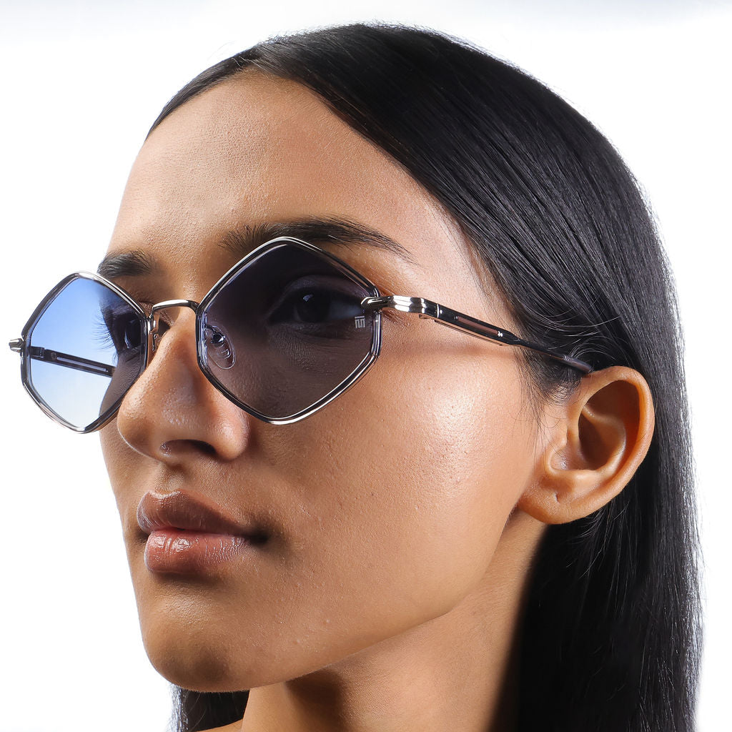 Tom Miller Essential 005 diamond sunglasses, silver frame, blue lens #Frame Color_Silver / Blue