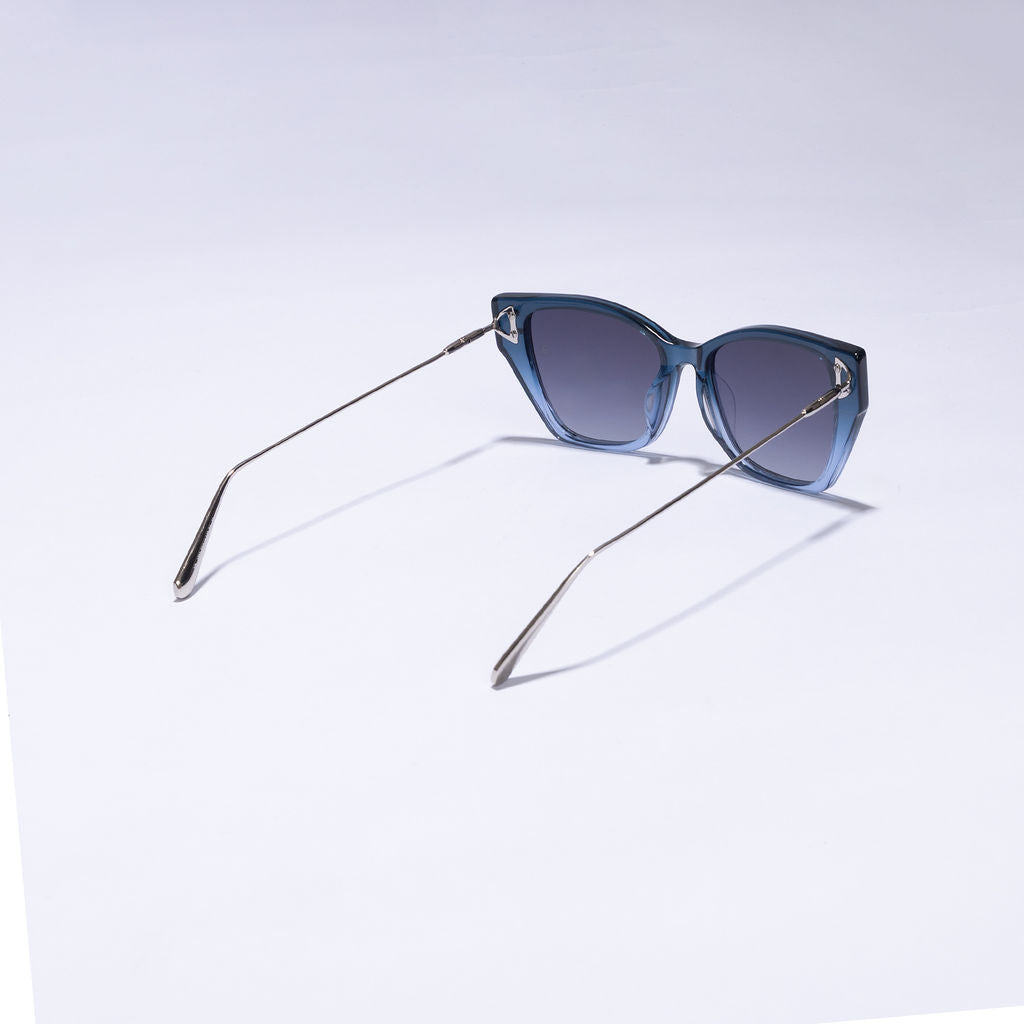 Tom Miller Elite 012 cat eye sunglasses, silver & blue frame, grey lens