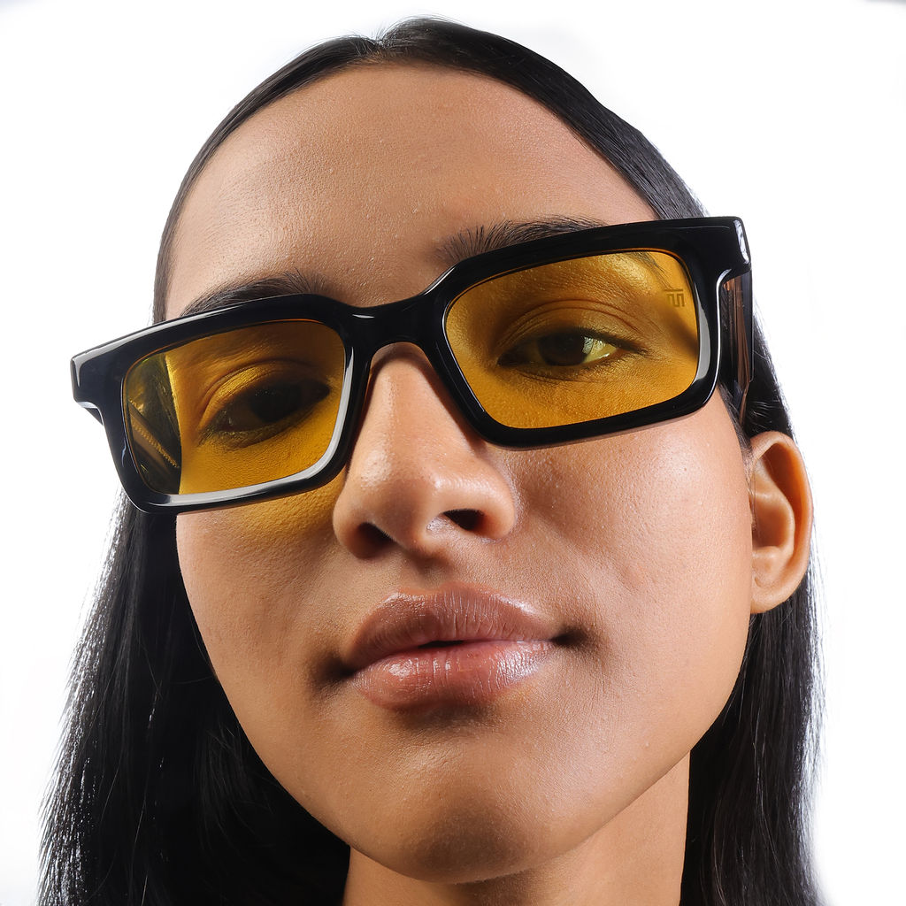 Tom Miller Select 010 rectangle sunglasses, black frame, yellow lens