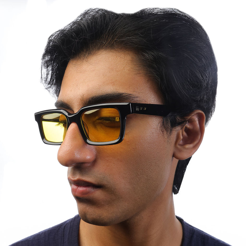 Tom Miller Select 010 rectangle sunglasses, black frame, yellow lens