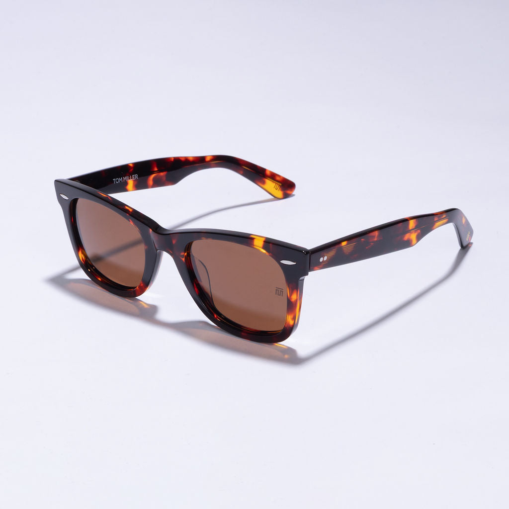 Tom Miller Elite 001 wayfarer sunglasses, tortoise frame, brown lens