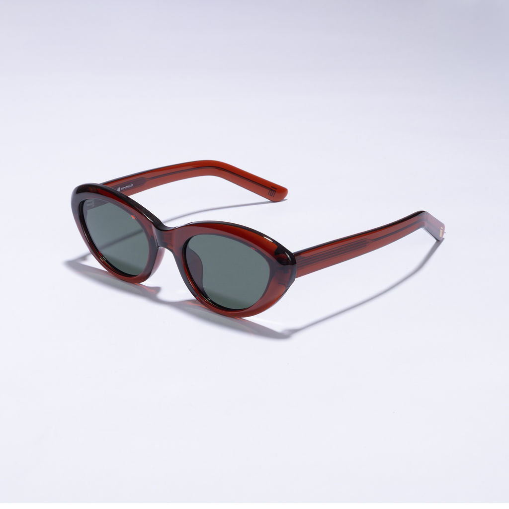 Tom Miller Essential 004 cat eye sunglasses, maroon frame, green lens