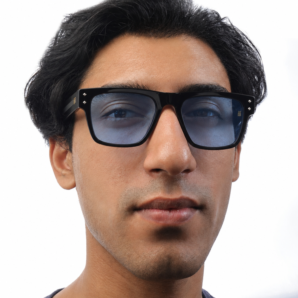 Tom Miller Elite 014 rectangle sunglasses, black frame, blue lens #Frame Color_Black / Blue