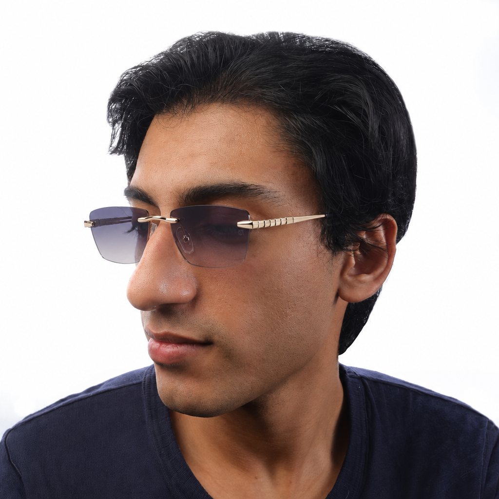 Man wearing Tom Miller Select 003 rimless sunglasses, gold frame