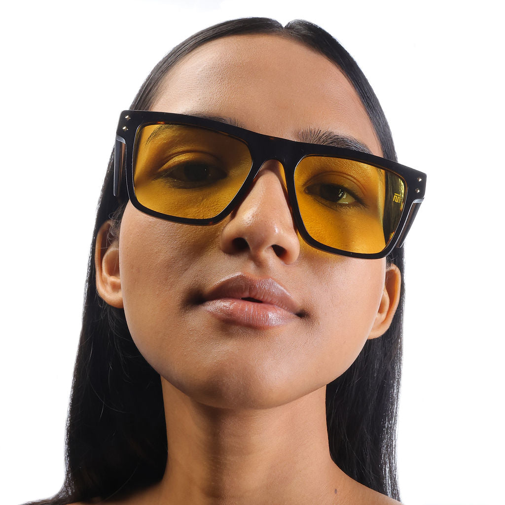 Tom Miller Elite 014 rectangle sunglasses, tortoiseshell frame, yellow lens