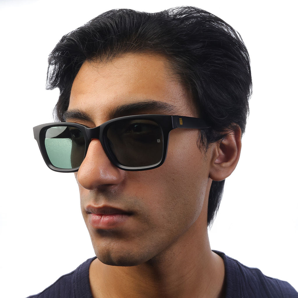 Tom Miller Essential 002 square sunglasses, black frame, green lens #Frame Color_Black / Green Lens
