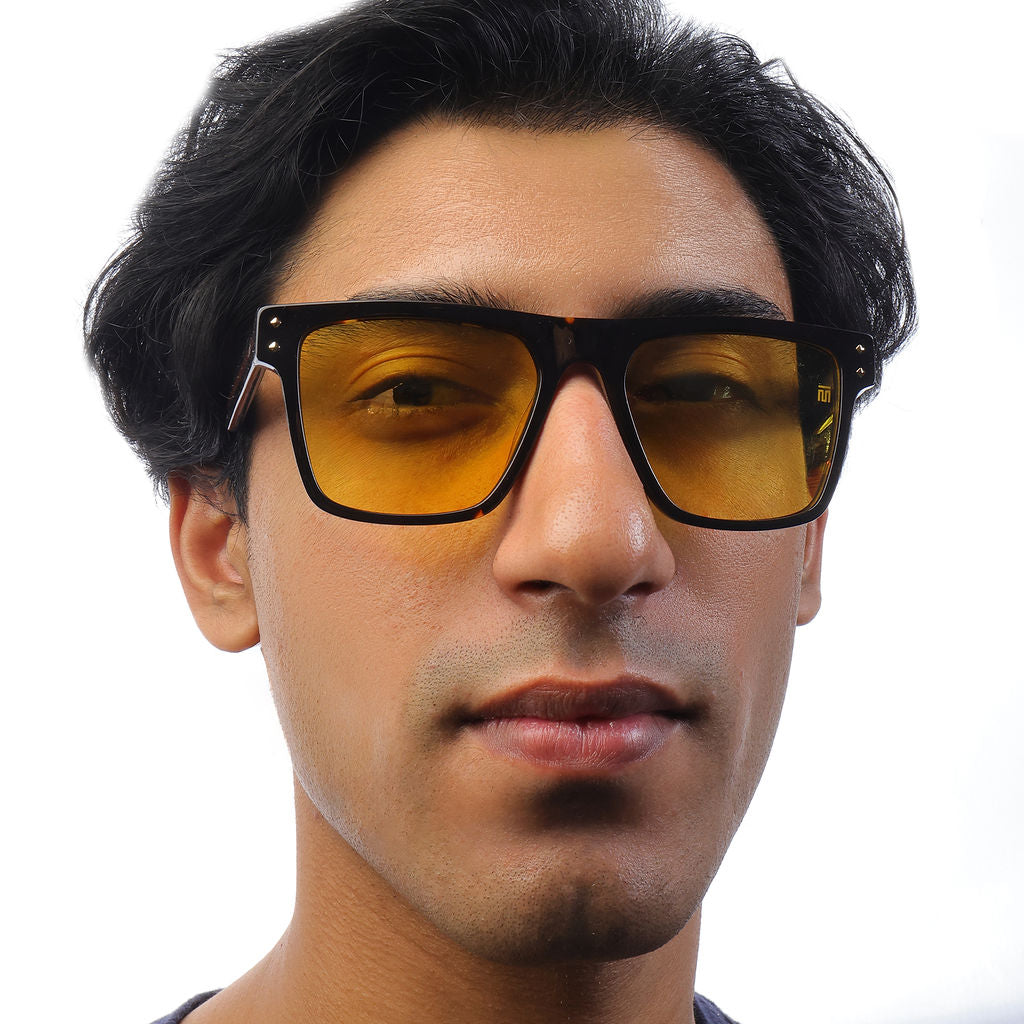Tom Miller Elite 014 rectangle sunglasses, tortoiseshell frame, yellow lens
