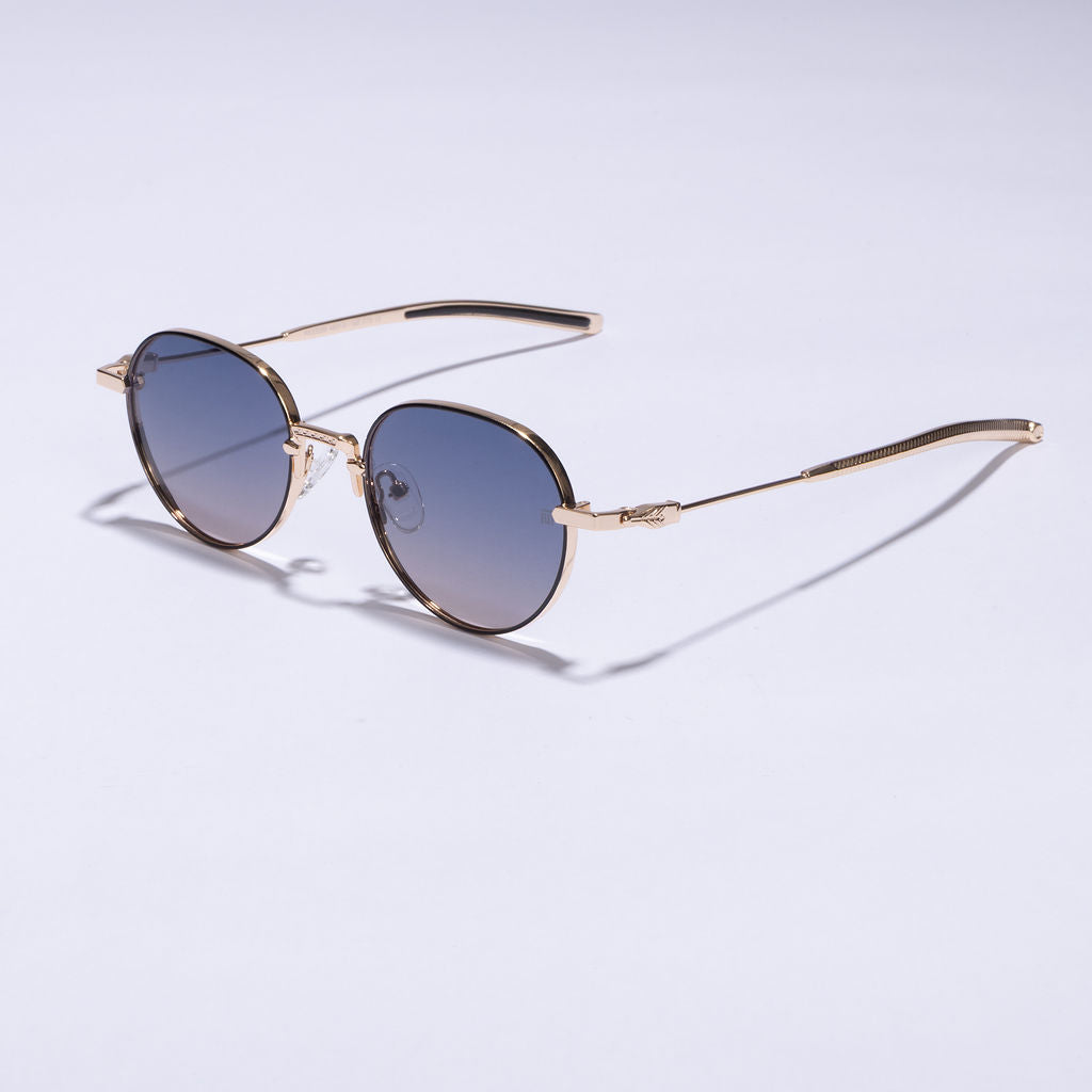 Tom Miller Select 005 round sunglasses, gold frame, blue lens #Frame Color_Gold / Blue