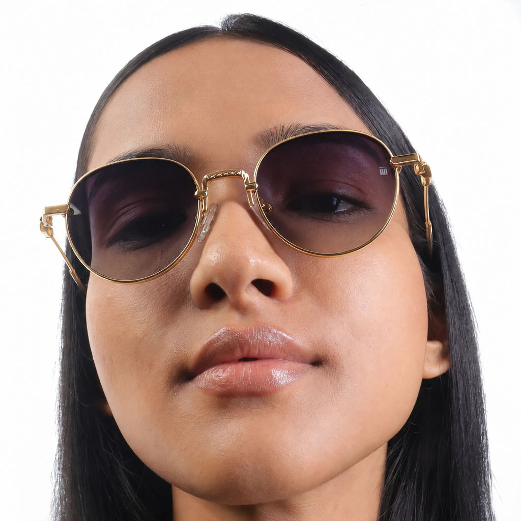 Tom Miller Select 005 round sunglasses, gold frame, blue lens #Frame Color_Gold / Blue