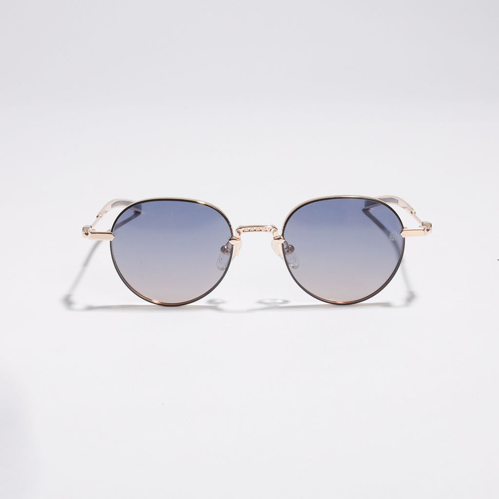 Tom Miller Select 005 round sunglasses, gold frame, blue lens #Frame Color_Gold / Blue