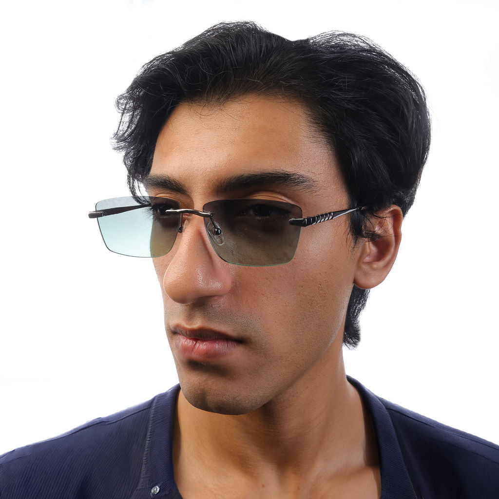 Tom Miller Select 003 rectangle sunglasses, gunmetal frame, green lens #Frame Color_Gun Metal / Green Lens