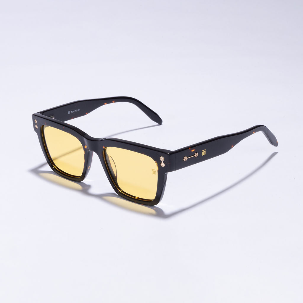 Tom Miller Elite 016 rectangle sunglasses, tortoiseshell frame, yellow lens
