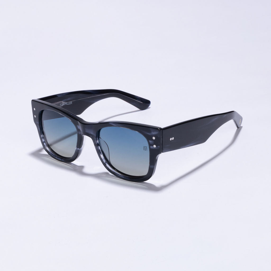 Tom Miller Elite 018 wayfarer sunglasses, black frame, blue lens #Eyewear frame color_Black / Blue