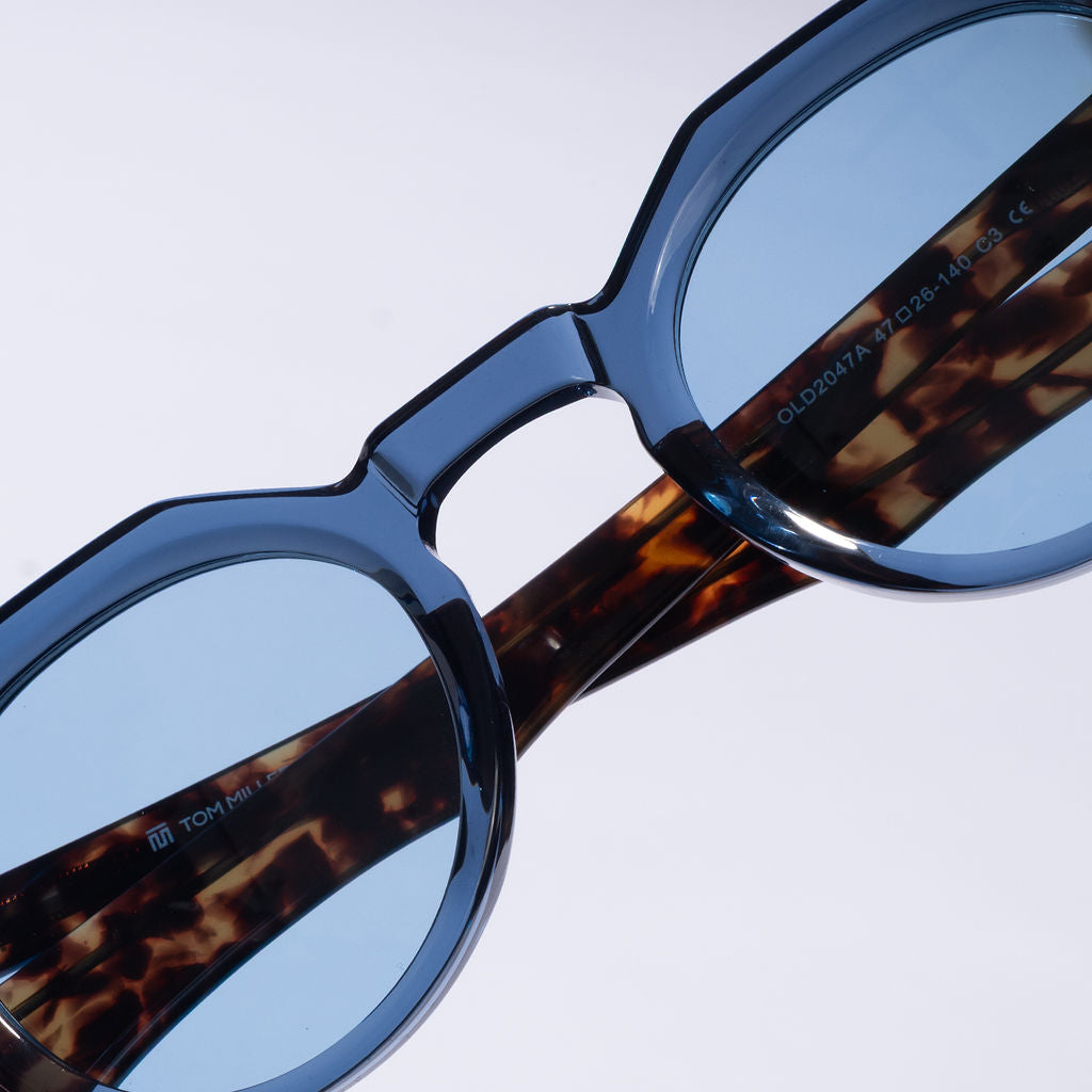 Tom Miller Select 007 round sunglasses, tortoiseshell frame, blue lens