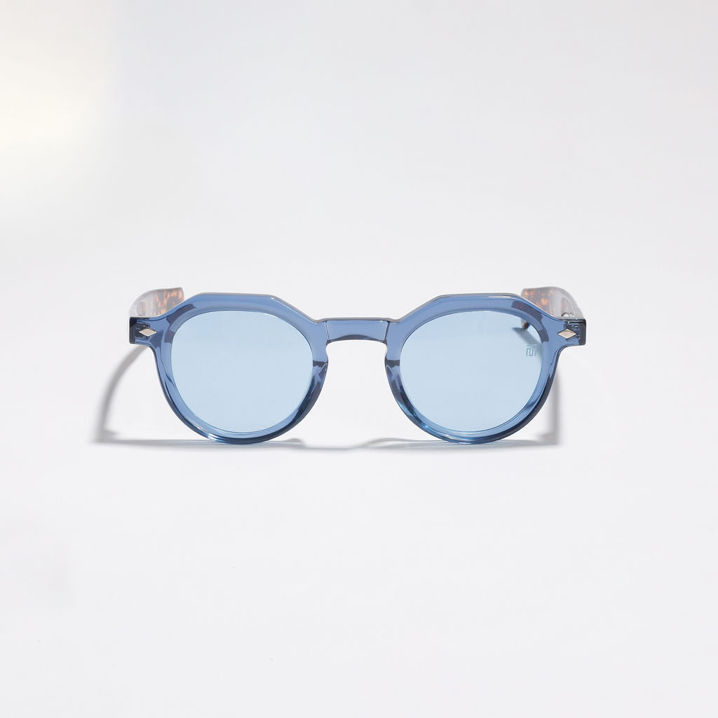 Tom Miller Select 007 round sunglasses, tortoiseshell frame, blue lens