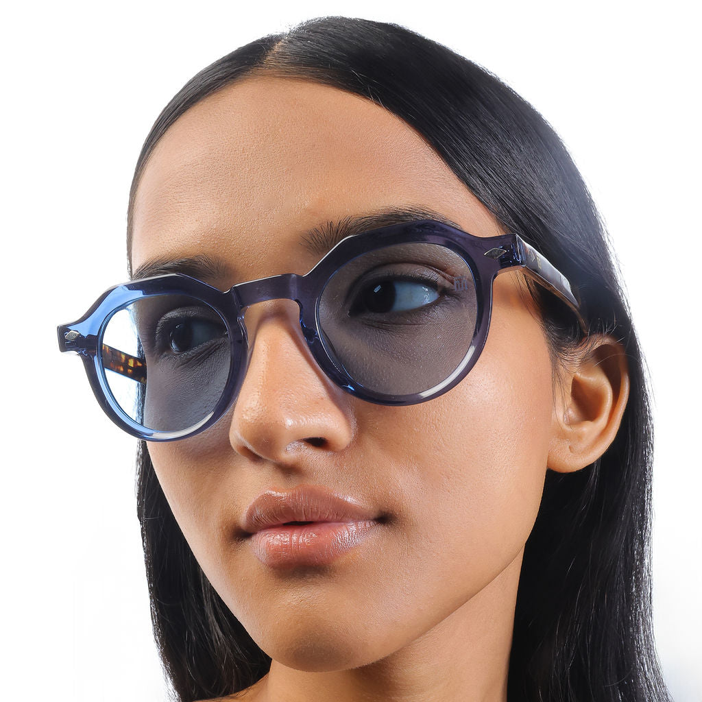 Tom Miller Select 007 round sunglasses, tortoiseshell frame, blue lens