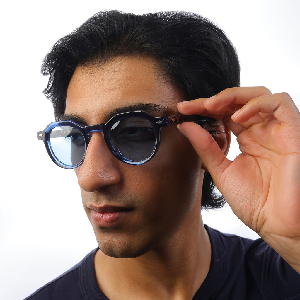 Tom Miller Select 007 round sunglasses, tortoiseshell frame, blue lens