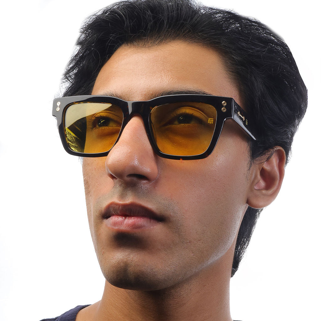 Tom Miller Elite 016 rectangle sunglasses, tortoiseshell frame, yellow lens