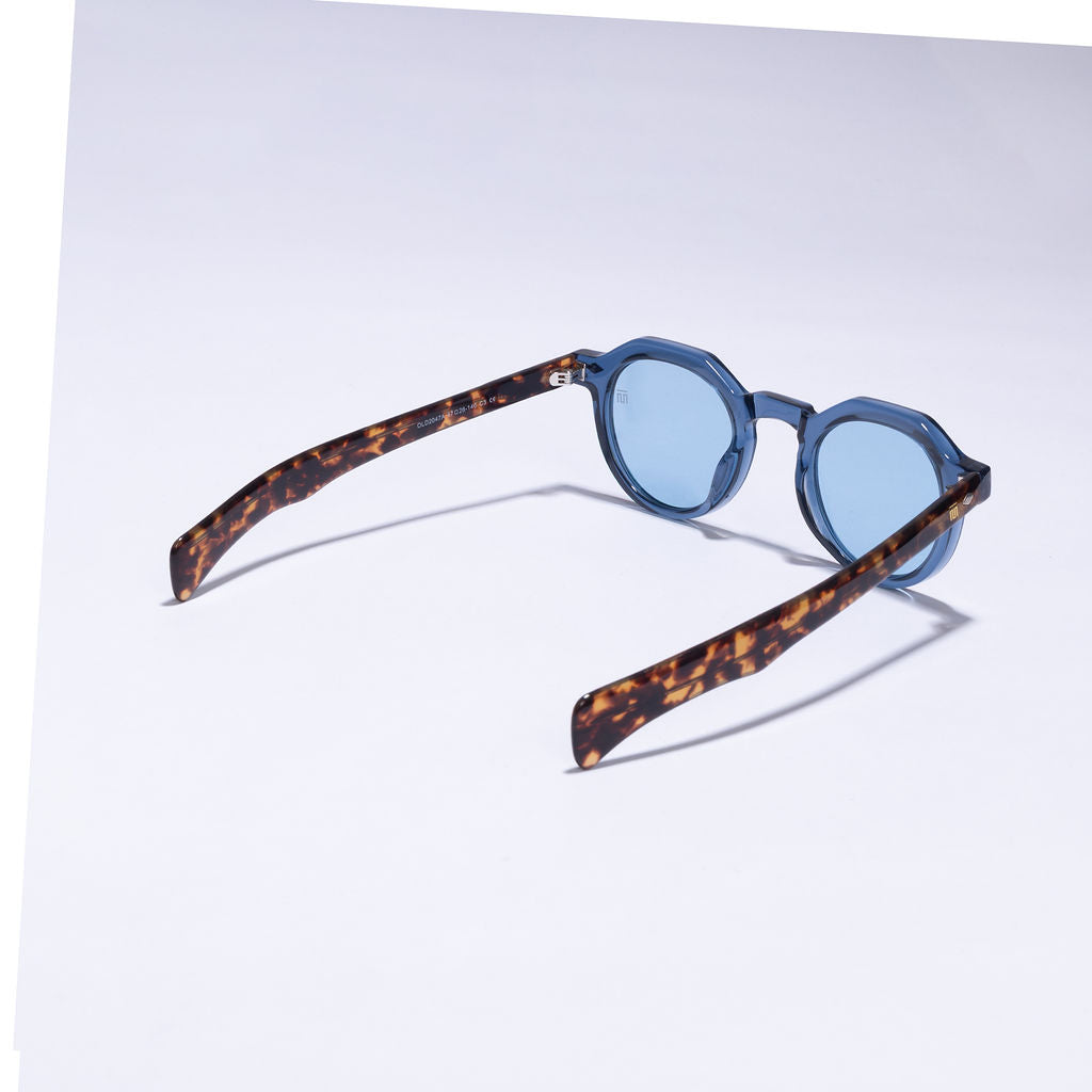 Tom Miller Select 007 round sunglasses, tortoiseshell frame, blue lens