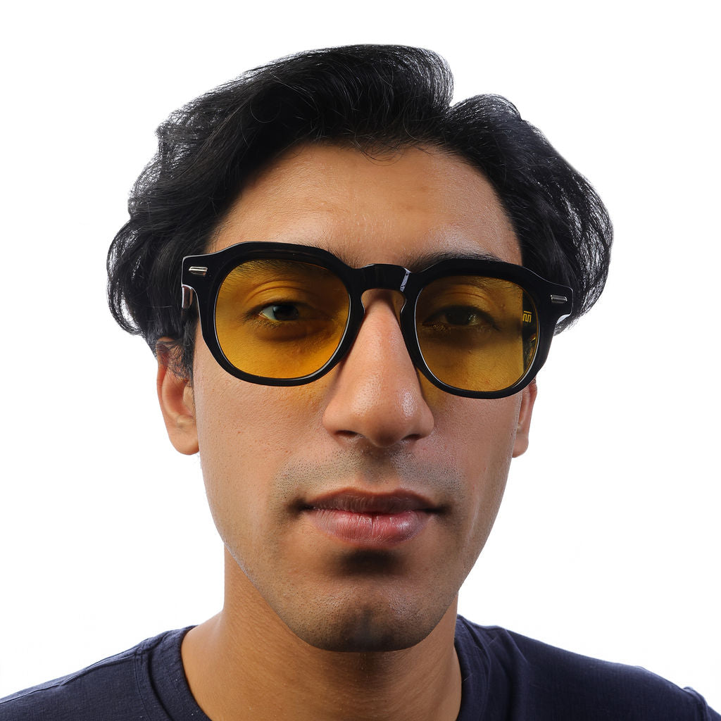Tom Miller Select 009 round sunglasses, black frame, yellow lens