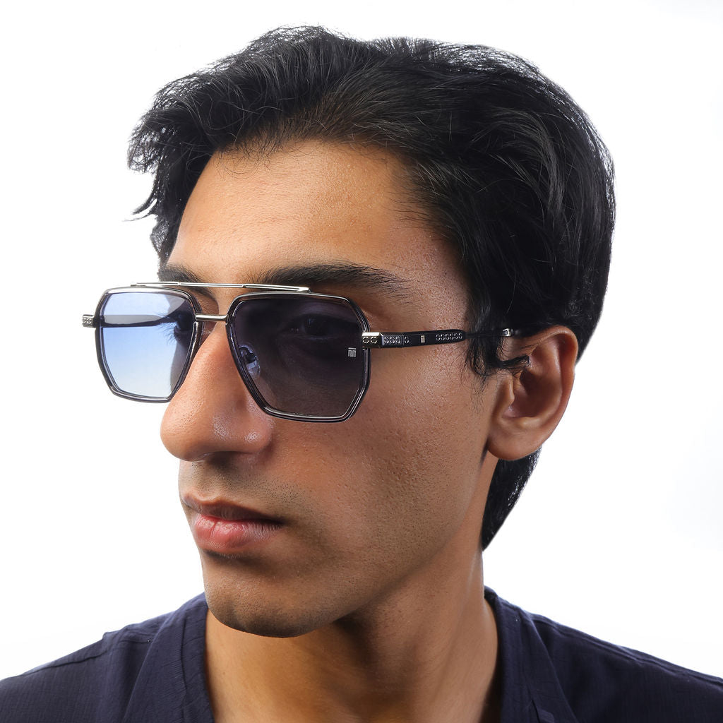 Tom Miller Select 002 aviator sunglasses, silver frame, blue lens #Frame Color_Silver / Blue Lens