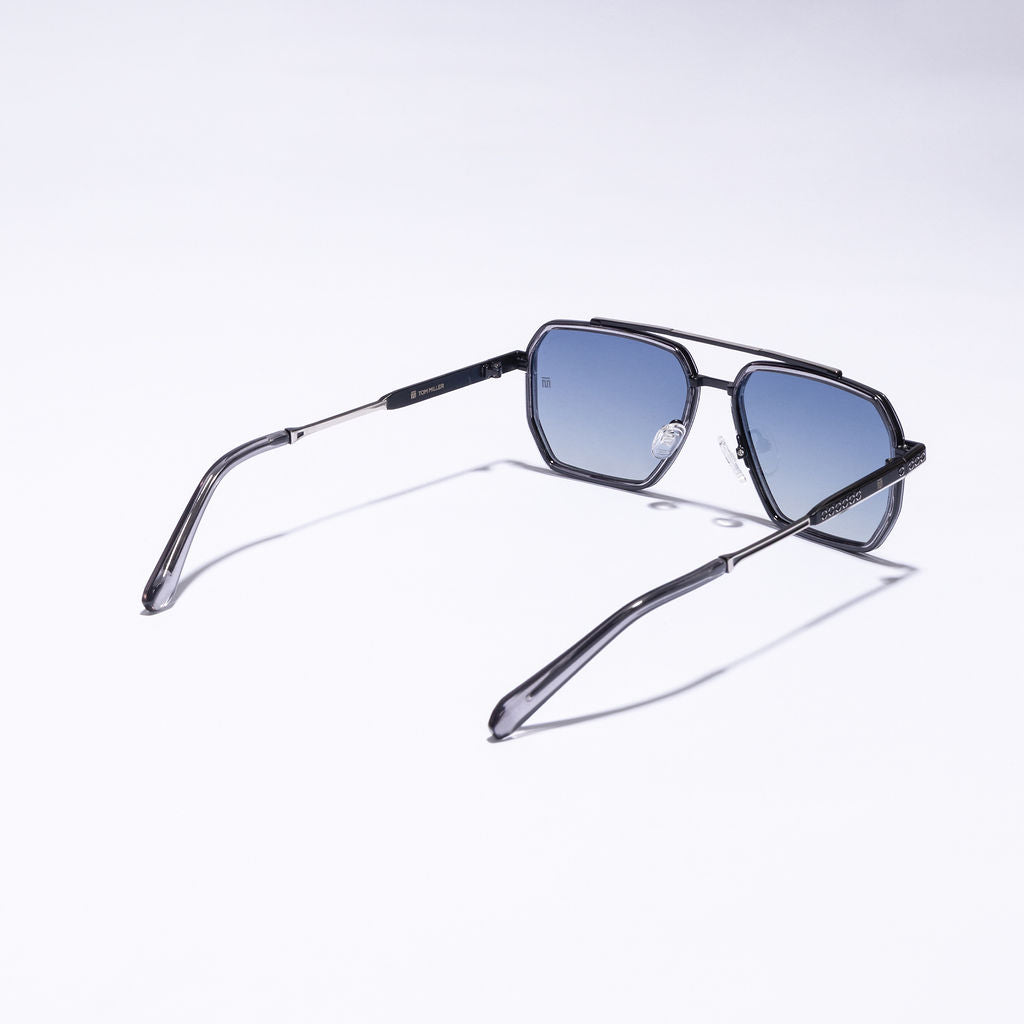 Tom Miller Select 002 aviator sunglasses, silver frame, blue lens #Frame Color_Silver / Blue Lens