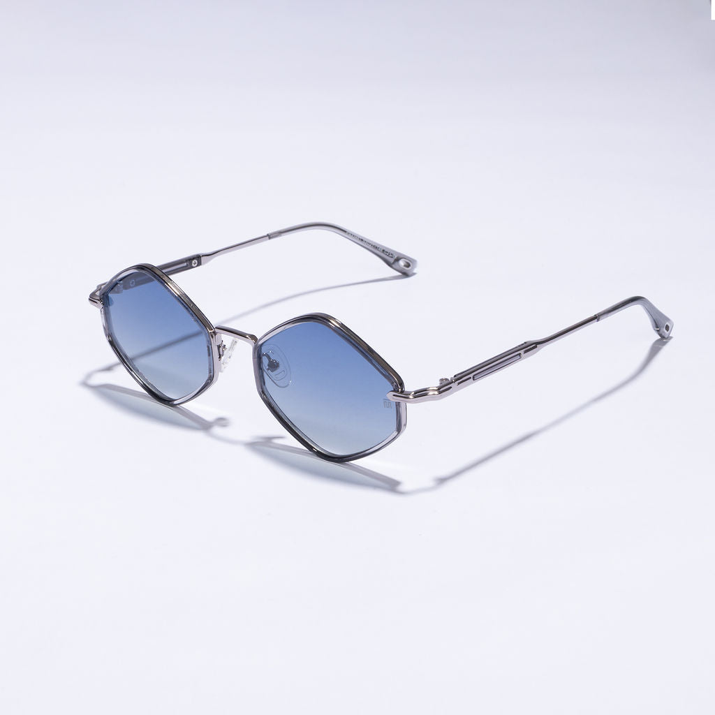 Tom Miller Essential 005 diamond sunglasses, silver frame, blue lens #Frame Color_Silver / Blue