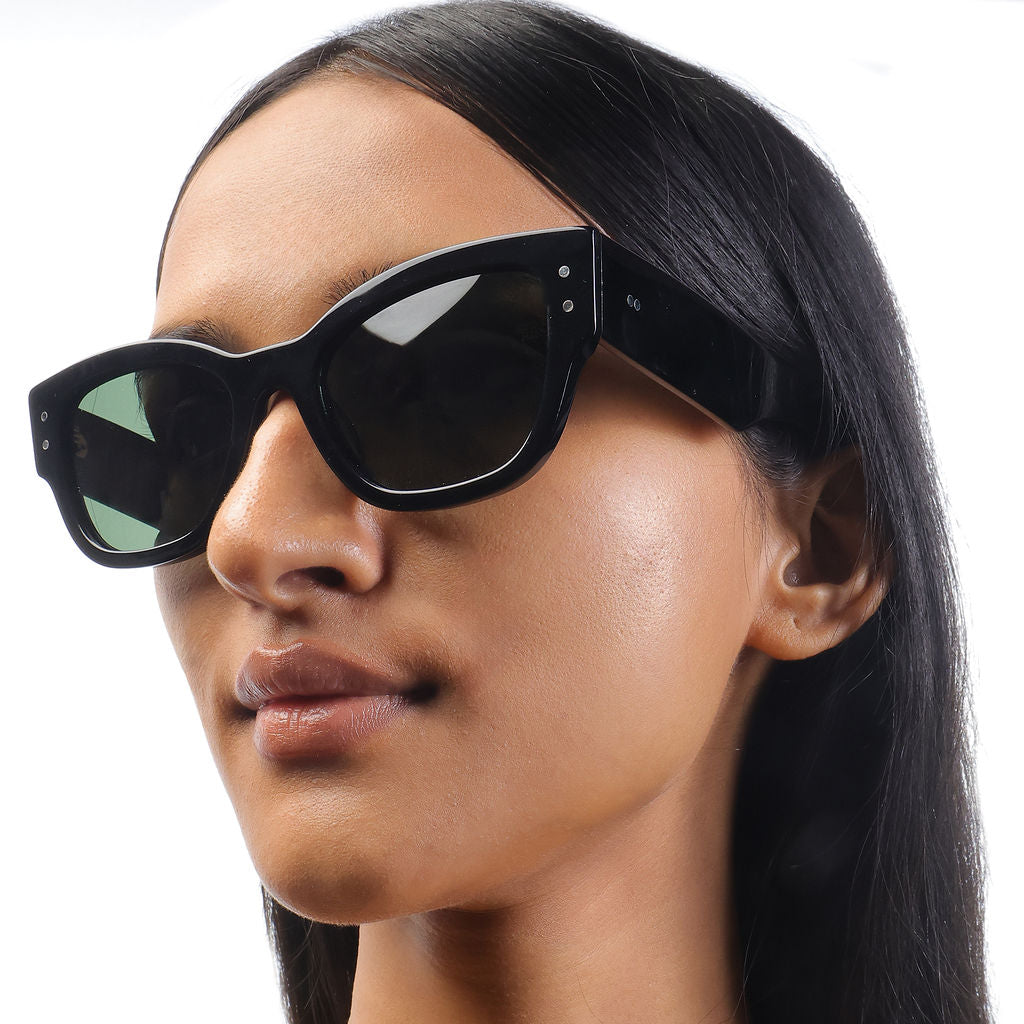 Tom Miller Elite 017 cat eye sunglasses, black frame, green lens #Eyewear frame color_Black / Green Lens