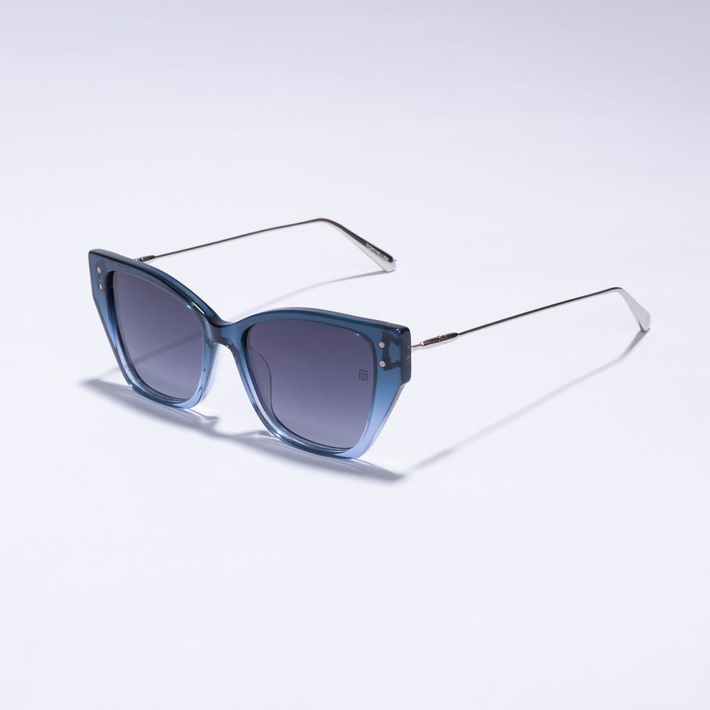 Tom Miller Elite 012 cat eye sunglasses, silver & blue frame, grey lens