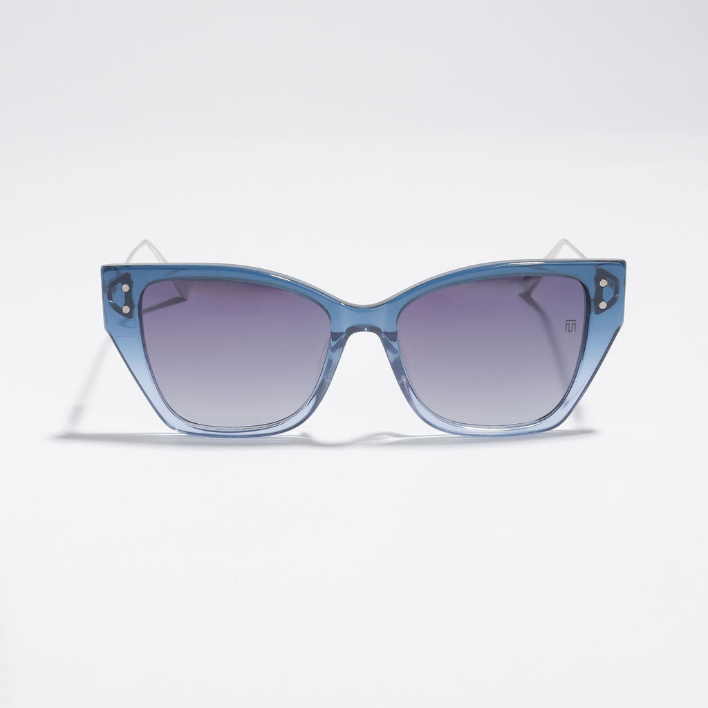 Tom Miller Elite 012 cat eye sunglasses, silver & blue frame, grey lens