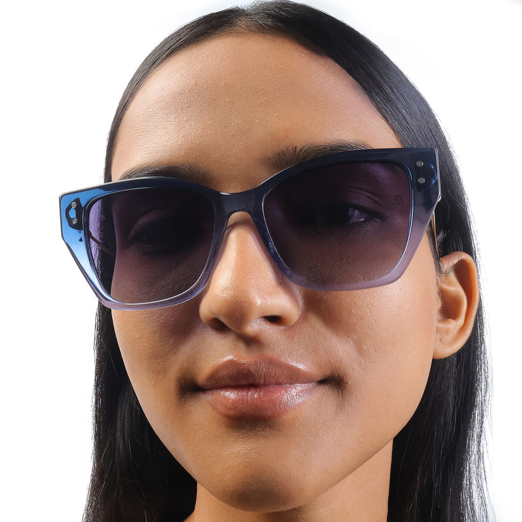 Tom Miller Elite 012 cat eye sunglasses, silver & blue frame, grey lens