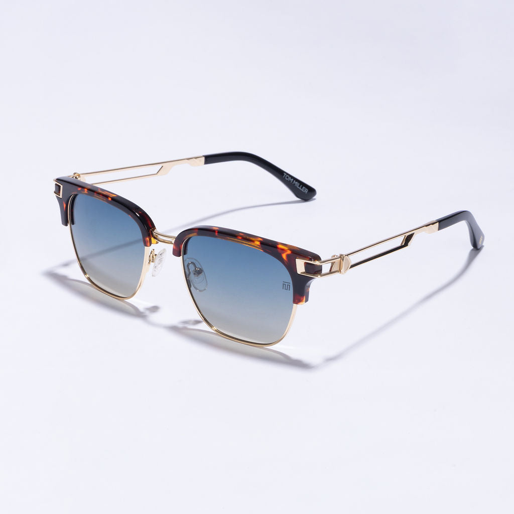 Tom Miller Elite 008 browline sunglasses, gold frame, blue lens