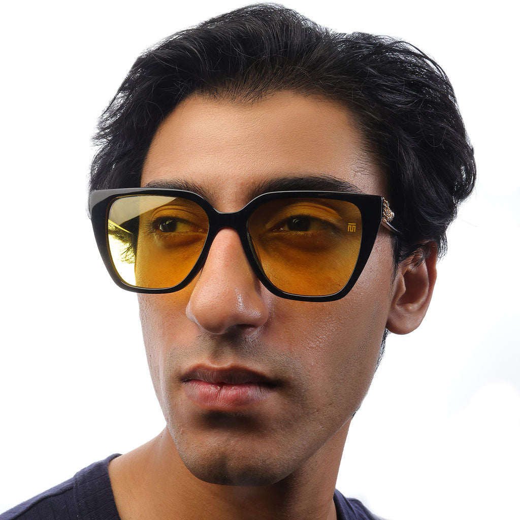 Tom Miller Select 008 cat eye sunglasses, black frame, yellow lens