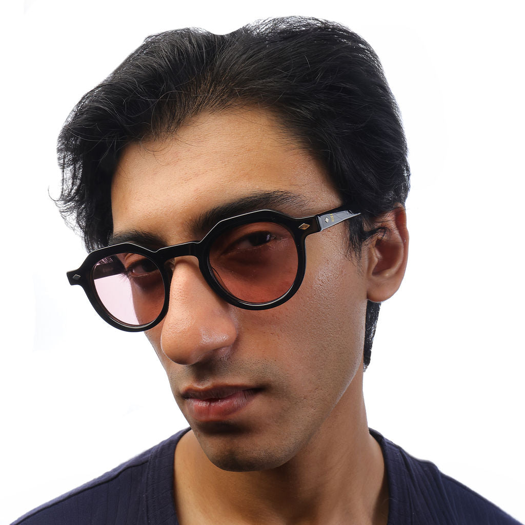 Tom Miller Select 007 round sunglasses, black frame, pink lens #Frame Color_Black / Pink
