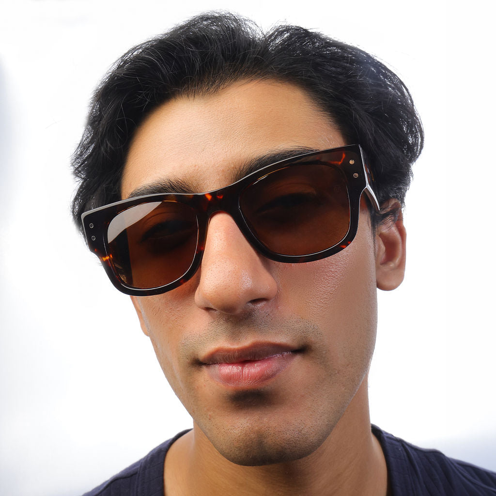 Tom Miller Elite 018 wayfarer sunglasses, tortoise frame, brown lens #Eyewear frame color_Tortoise / Brown Lens