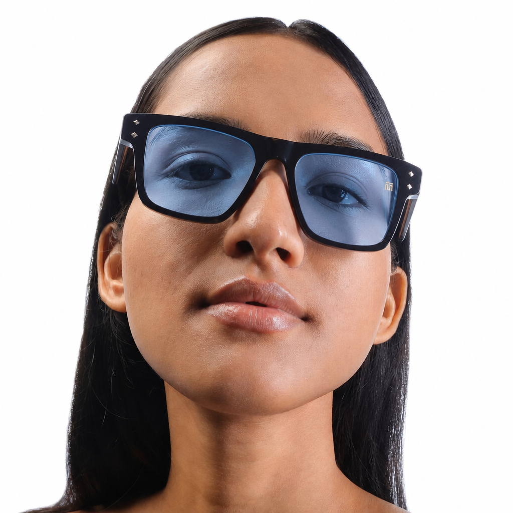 Tom Miller Elite 014 rectangle sunglasses, black frame, blue lens