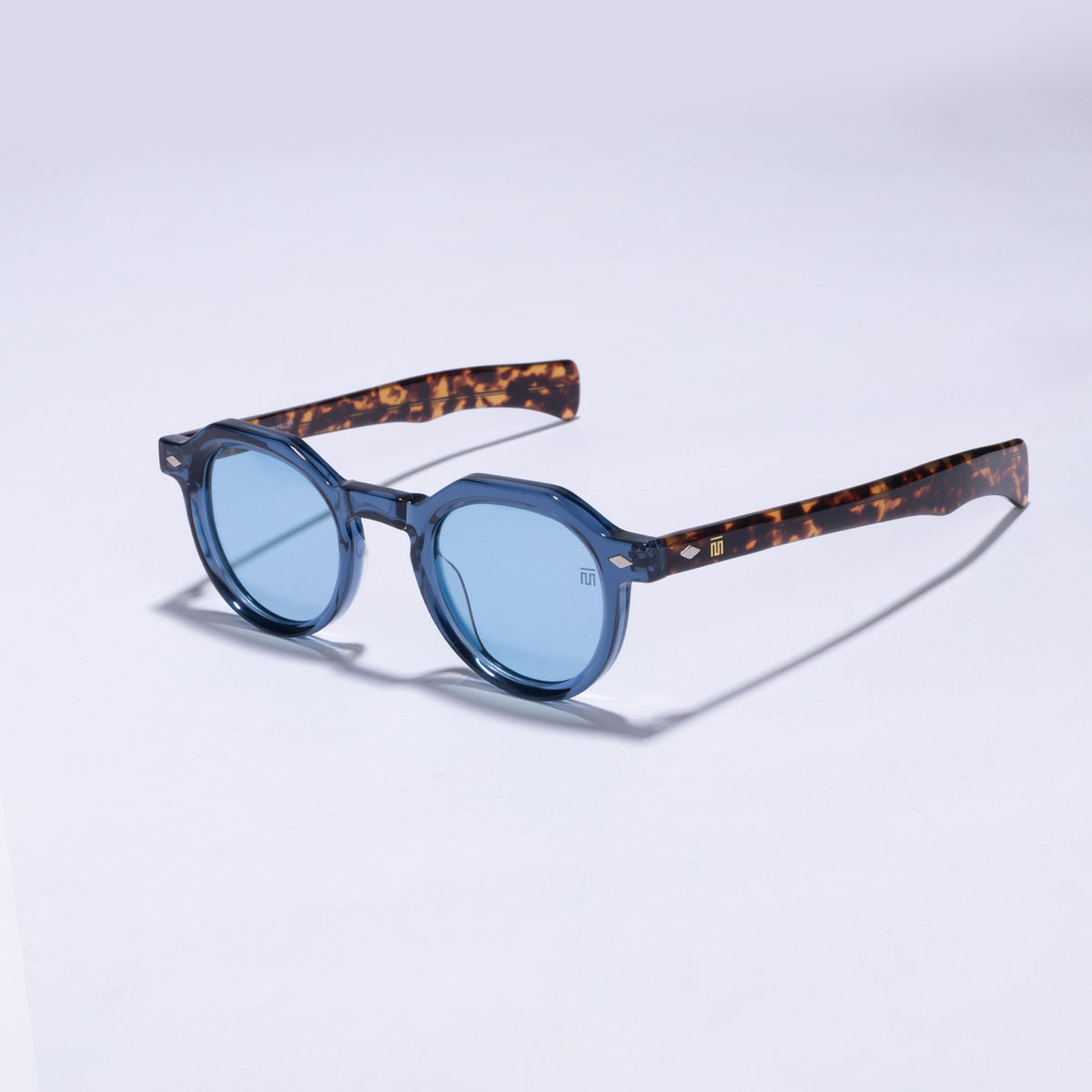 Tom Miller Select 007 round sunglasses, tortoiseshell frame, blue lens